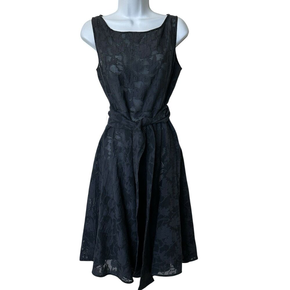 Josie Natori Dress 8 Sleeveless Belted Jacquard Fit-&-Flare Floral Gray Unlined